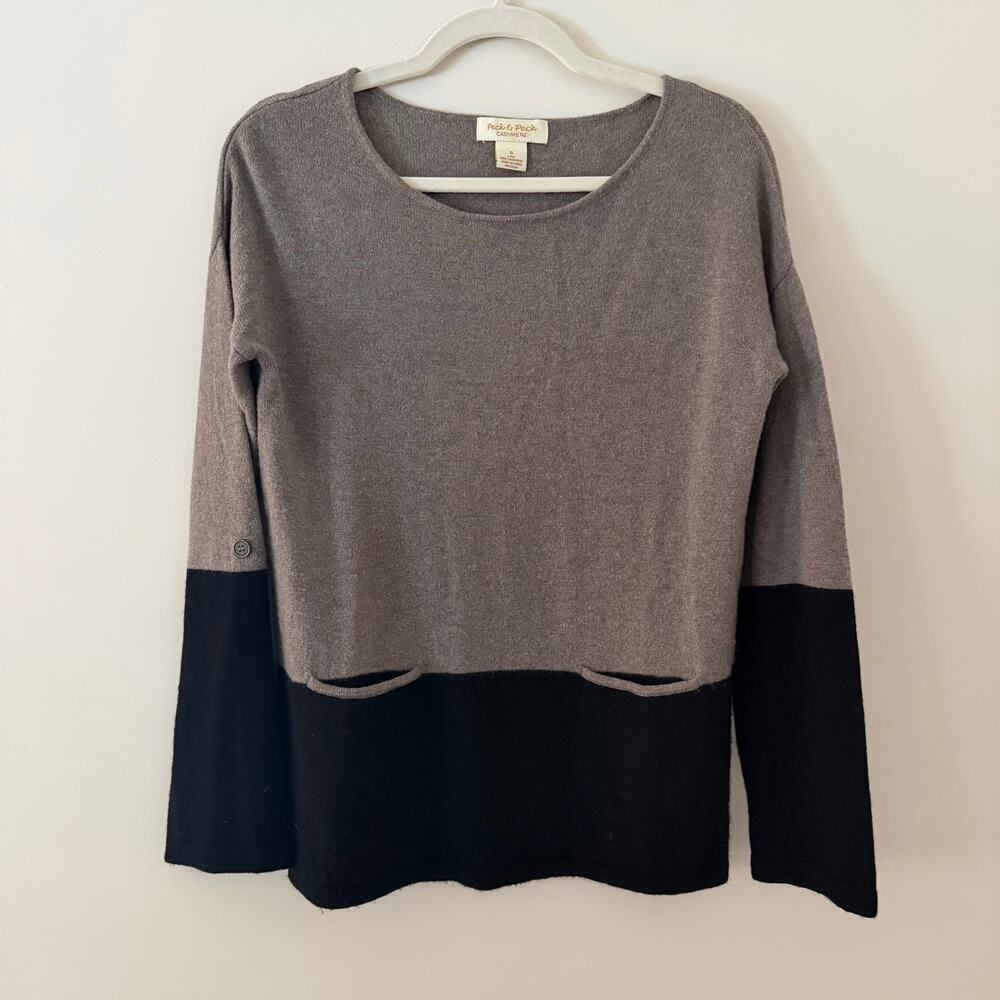 Peck & Peck 100% Cashmere‎ Color Block Roll Tab Sleeve Scoop Neck Sweater Sz Sm